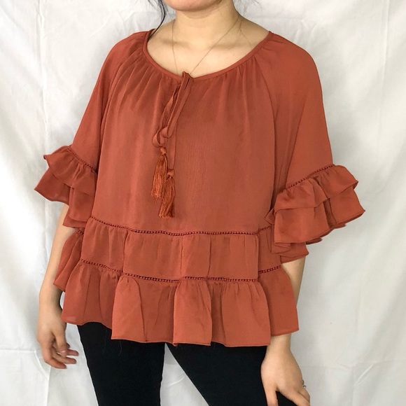 Women’s Orange Ruffle Flowy Tassle Blouse Top size L - Picture 1 of 4